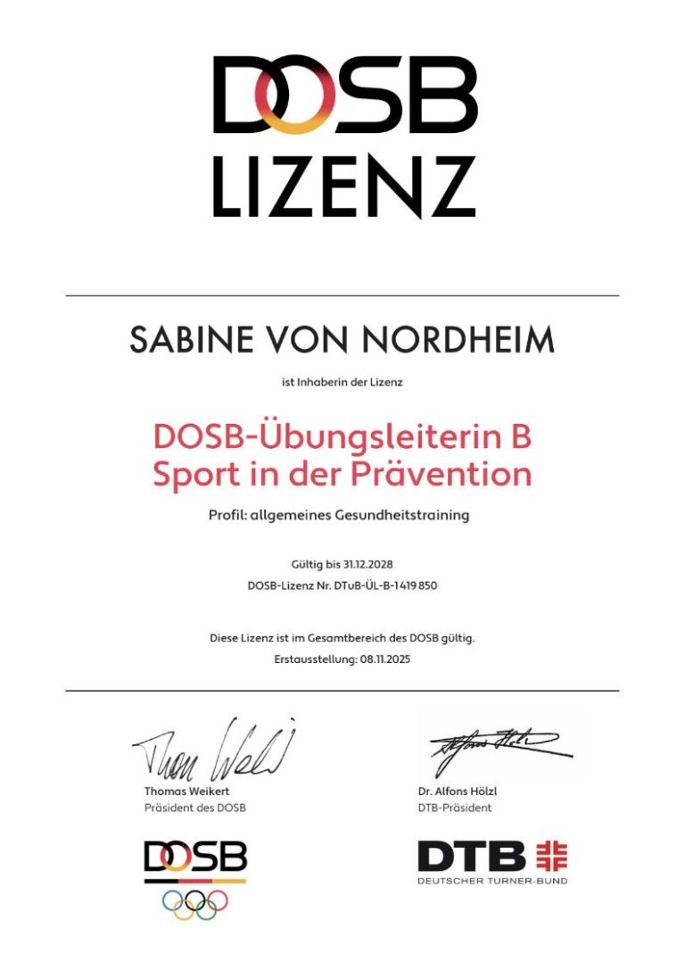 Zertifikat für Sabine DOSB-Übungsleiterin B im Bereich Prävention.